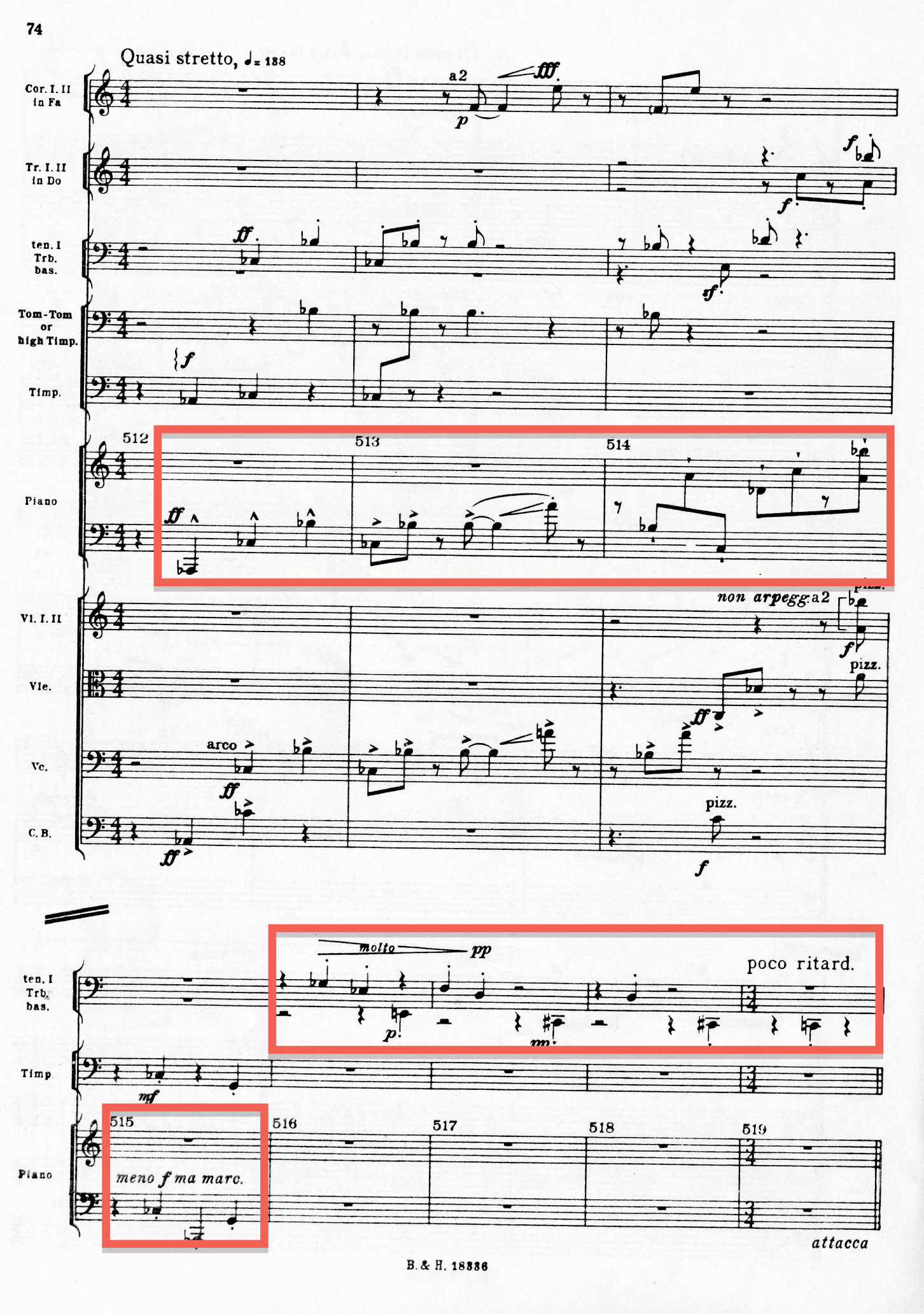 Exemple 11: partition de <em>Agon</em>, Stravinsky, « Pas de 2 », Stretto, mesures 512 à 519 (partie du piano).
